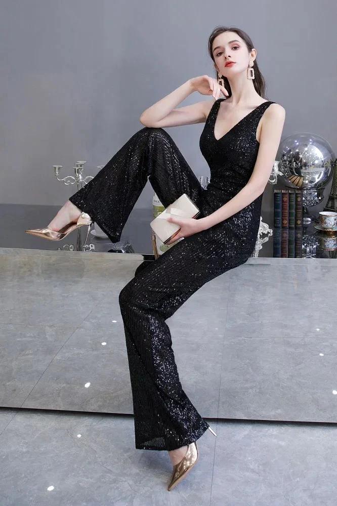 Sexy Shining V-neck Silver Sequin Sleeveless Prom Jumpsuit - Image 7