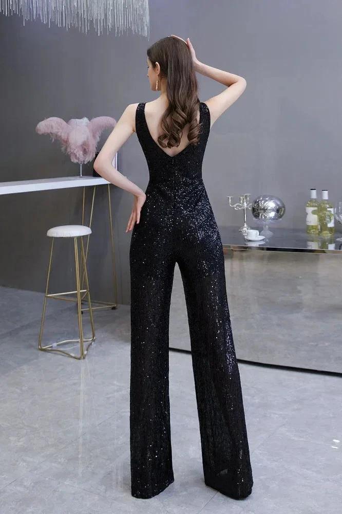 Sexy Shining V-neck Silver Sequin Sleeveless Prom Jumpsuit - Image 9