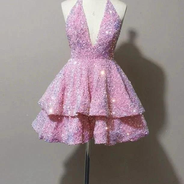 Sexy Short Pink V-neck Sleeveless Sequined Homecoming Dress - Image 2