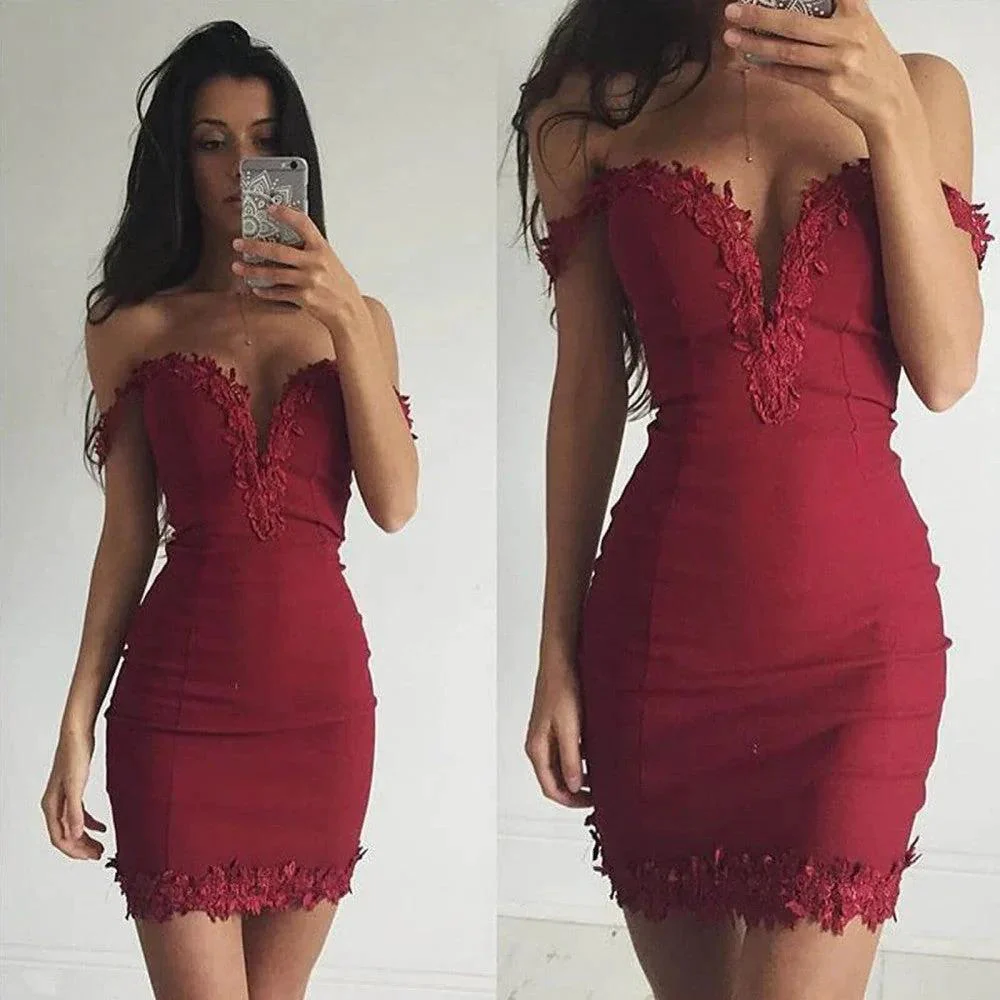 Sexy Short Sheath Off-the-shoulder Burgundy Prom Dress - Image 2