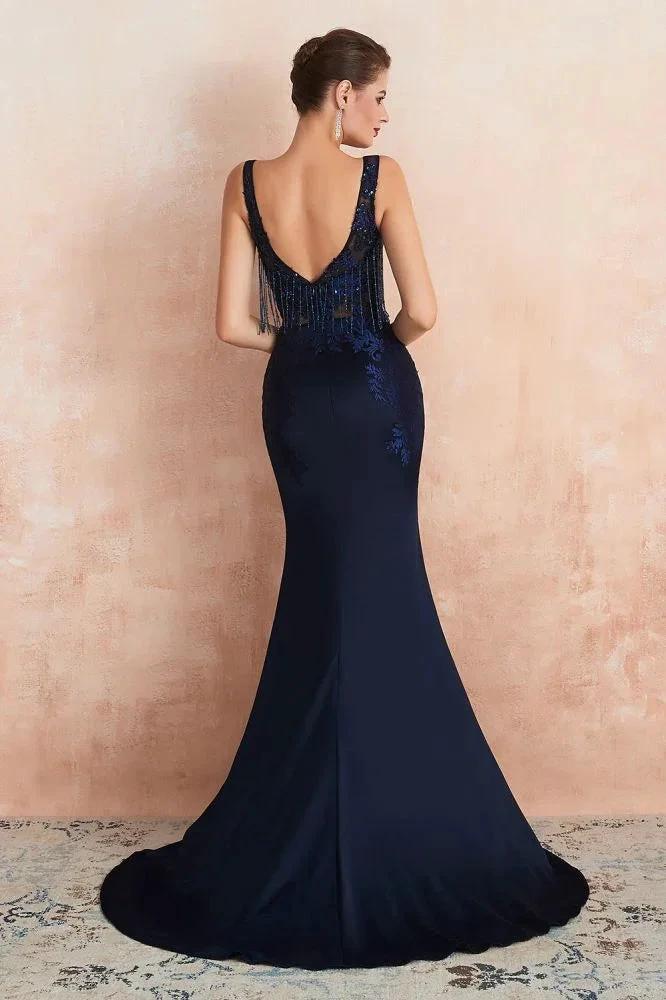 Sexy Sleeveless Mermaid Prom Dress Backless Satin Sparkly Sequins Evening Gown - Image 2