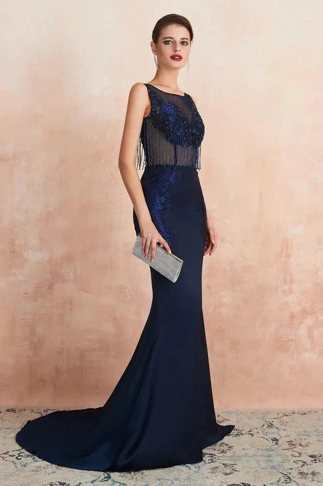 Sexy Sleeveless Mermaid Prom Dress Backless Satin Sparkly Sequins Evening Gown - Image 3
