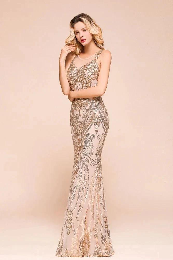 Sexy Sleeveless Mermaid Prom Gown Sparkly Gold Pattern Floor Length Straps Evening Dress - Image 3