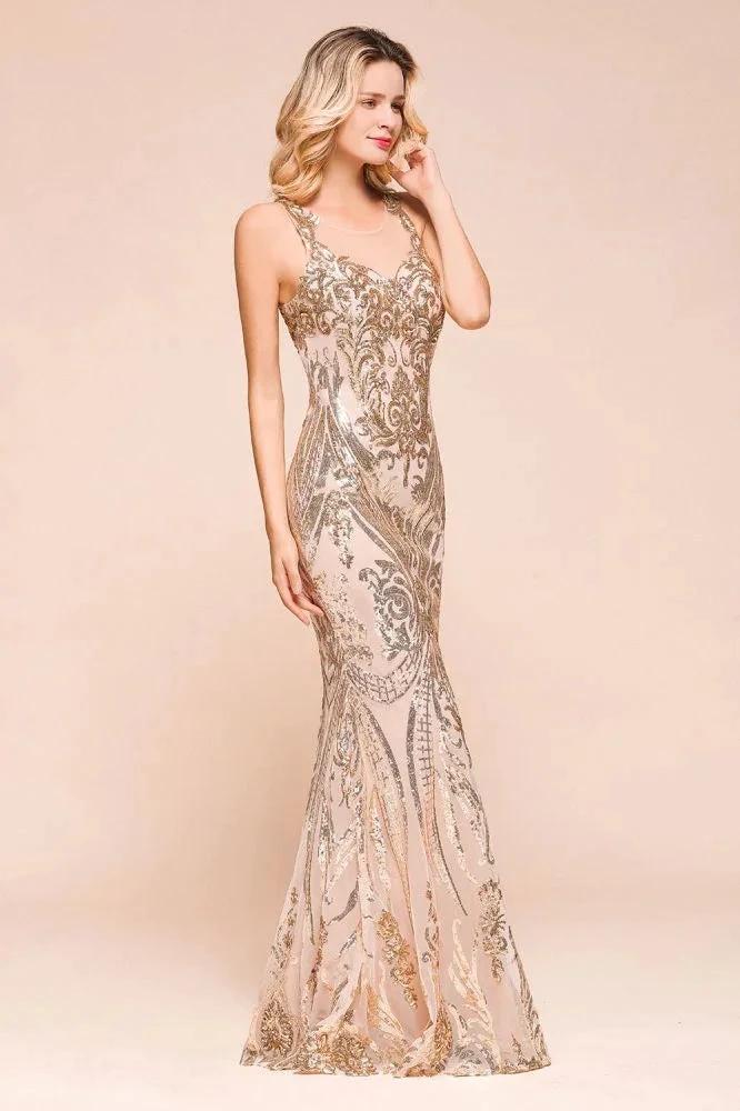 Sexy Sleeveless Mermaid Prom Gown Sparkly Gold Pattern Floor Length Straps Evening Dress - Image 4