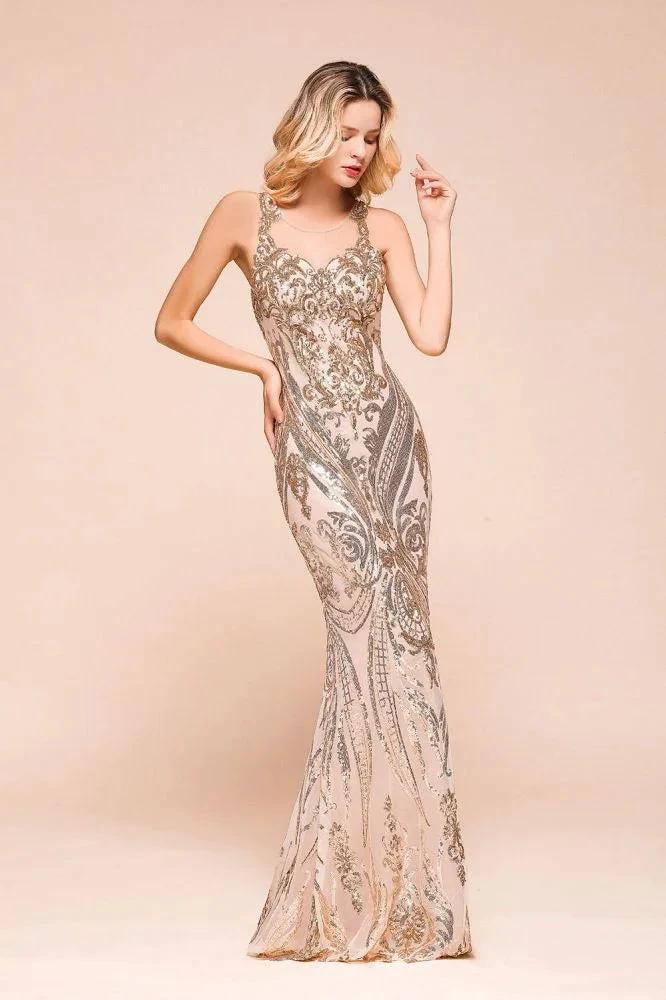 Sexy Sleeveless Mermaid Prom Gown Sparkly Gold Pattern Floor Length Straps Evening Dress - Image 5