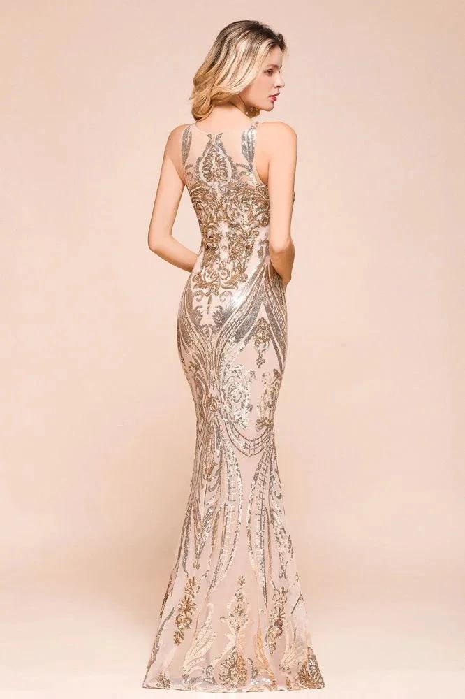 Sexy Sleeveless Mermaid Prom Gown Sparkly Gold Pattern Floor Length Straps Evening Dress - Image 7