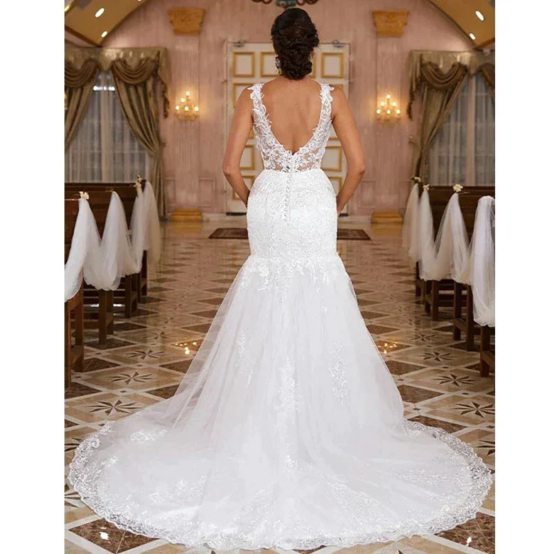 Sexy Sleeveless Sweetheart Wedding Dresses Women Gorgeous Lace Applique Mermaid Bridal Gowns Pleated Backless Formal Party Robe - Image 2