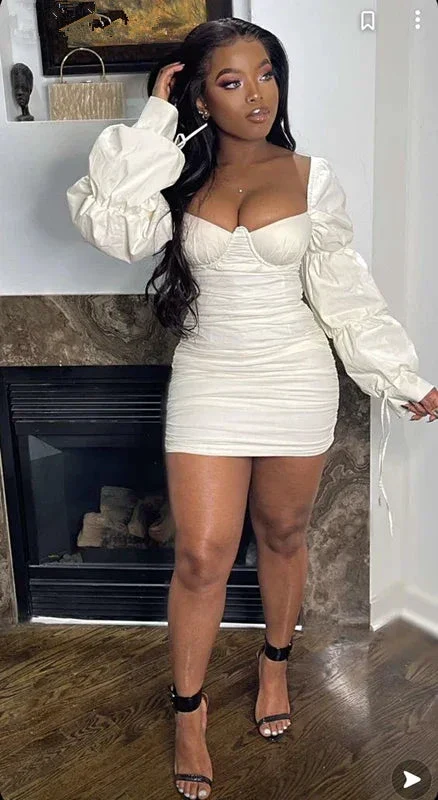 Sexy Solid Flounce Square Collar Pencil Skirt Dresses Birthday Outfit Dress White Homecoming Dress Y1902 - Image 2