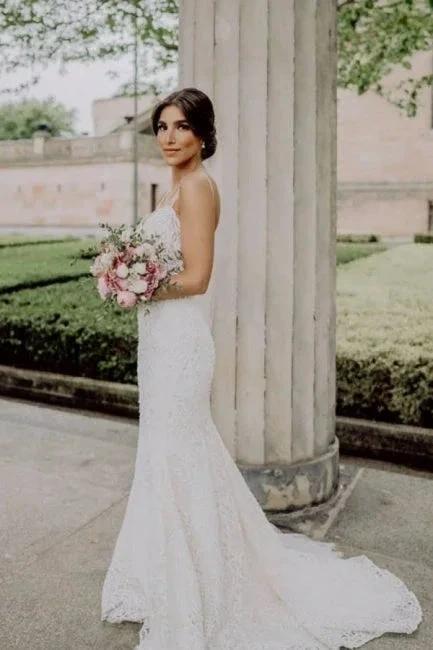 Sexy Spaghetti Strap Sleeveless Mermaid Lace Wedding Dresses with Chapel Train - Image 3