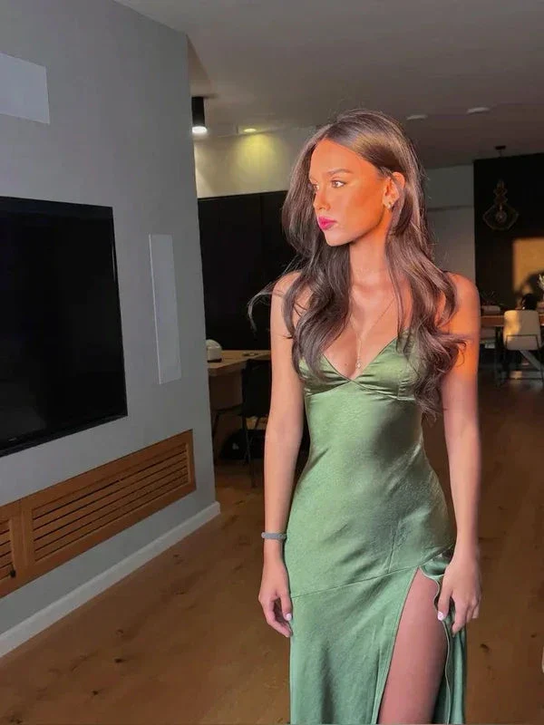 Sexy Spaghetti Straps Green Prom Dress Long Slit Evening Dress Y7912 - Image 3