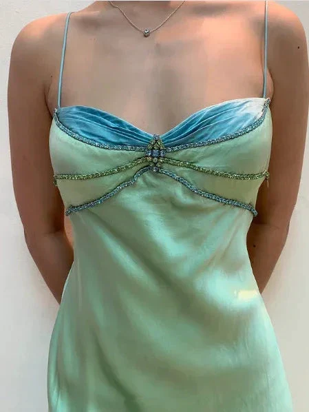 Sexy Spaghetti Straps Green Satin Beaded Prom Evening Dress Y7757 - Image 2