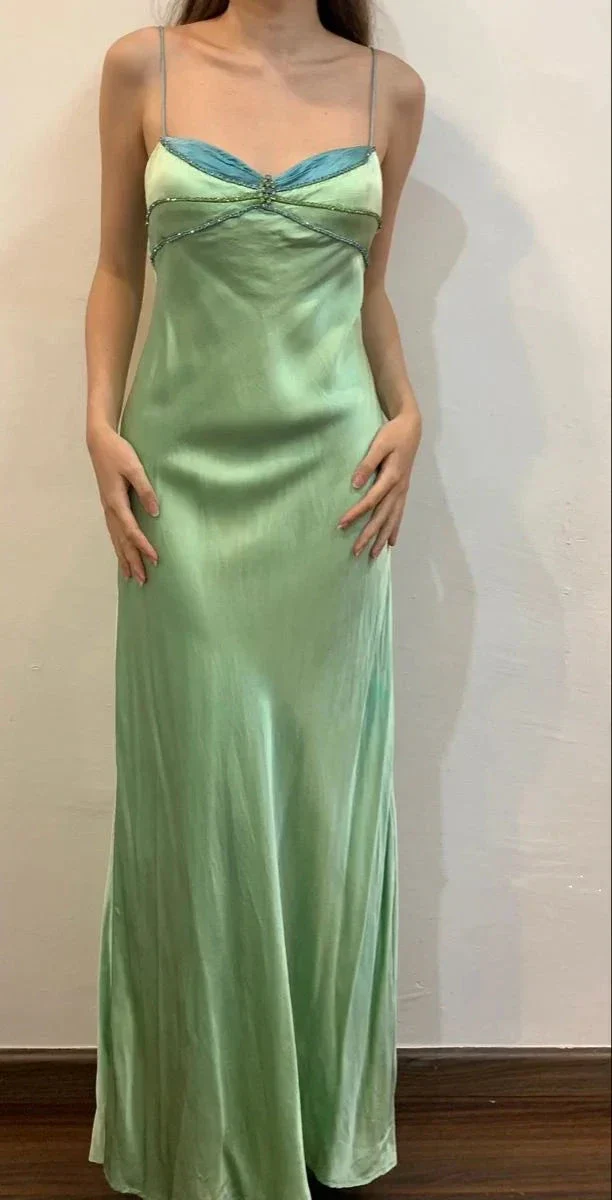 Sexy Spaghetti Straps Green Satin Beaded Prom Evening Dress Y7757 - Image 3