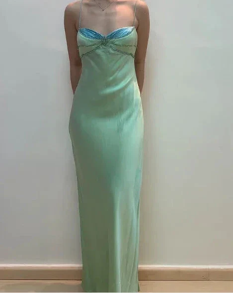 Sexy Spaghetti Straps Green Satin Beaded Prom Evening Dress Y7757 - Image 4