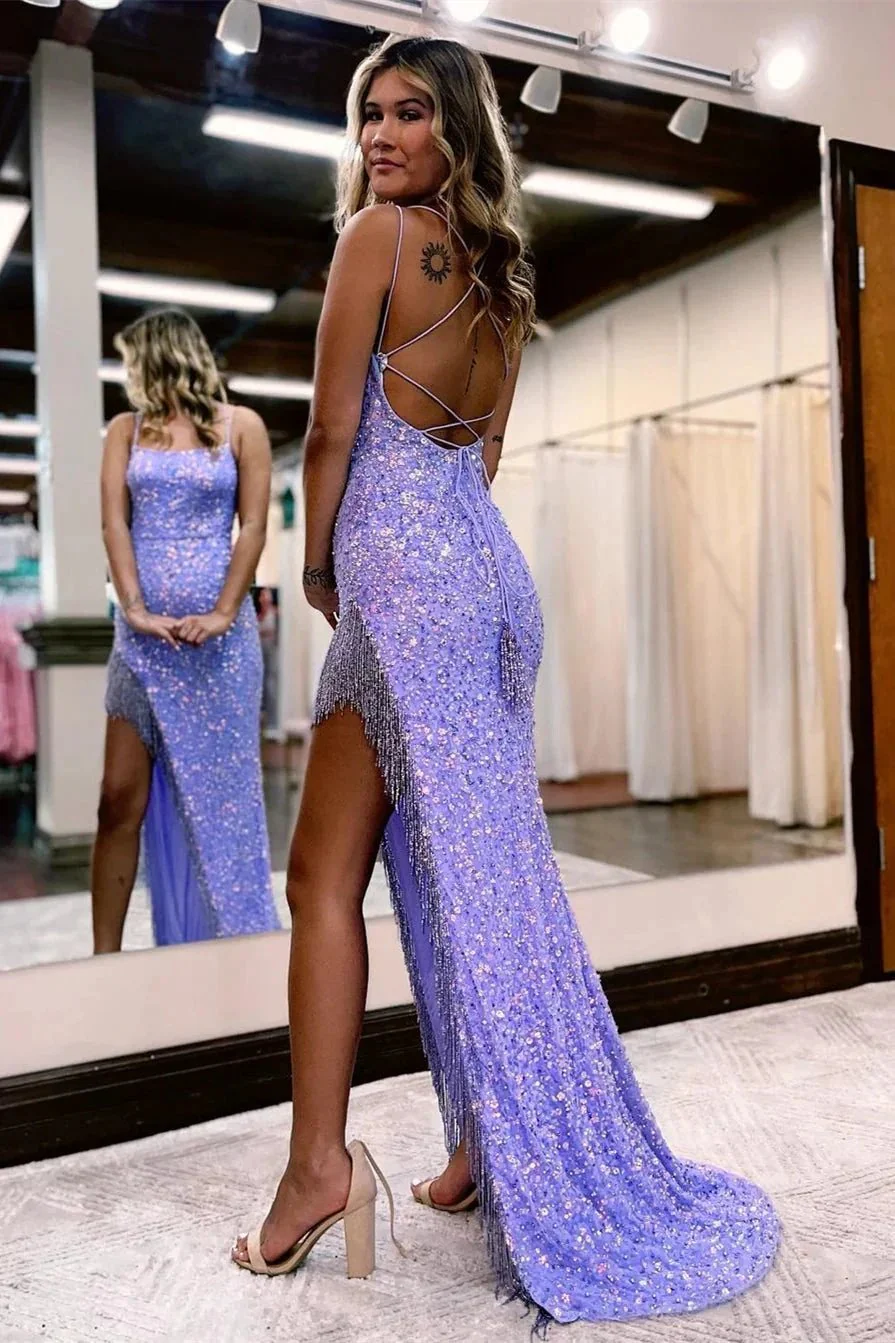 Sexy Spaghetti Straps Mermaid Sleeveless Sequined Prom Dress With Slit - Image 2