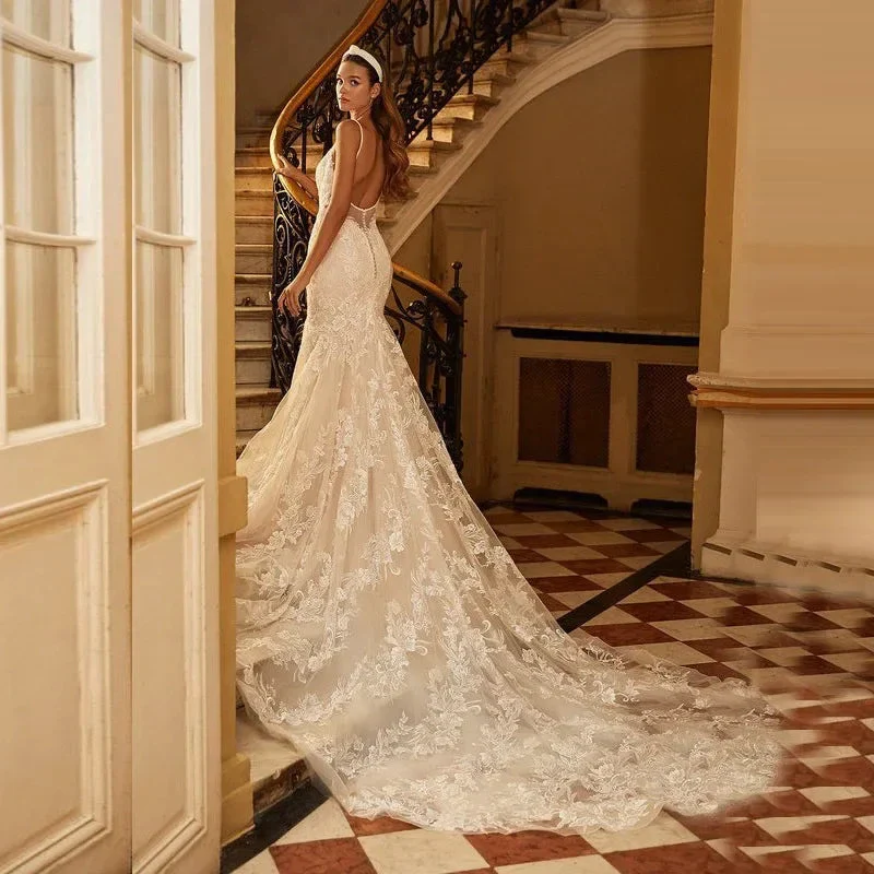 Sexy Spaghetti Straps Mermaid Vestidos De Novia Appliques Vestido De Noiva V-Neck Wedding Dresses Lace Robe De Mariée - Image 2