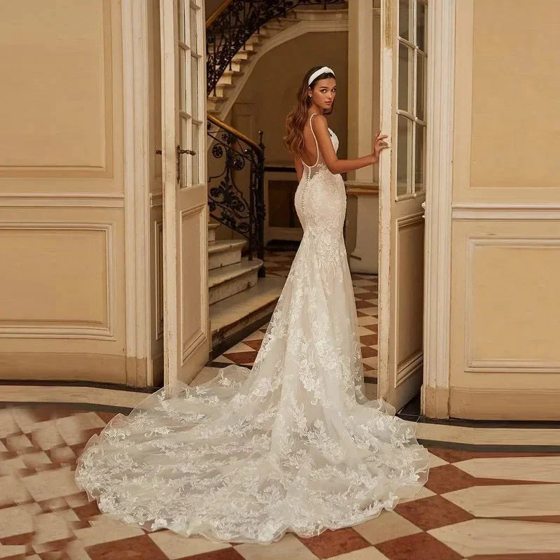 Sexy Spaghetti Straps Mermaid Vestidos De Novia Appliques Vestido De Noiva V-Neck Wedding Dresses Lace Robe De Mariée - Image 3