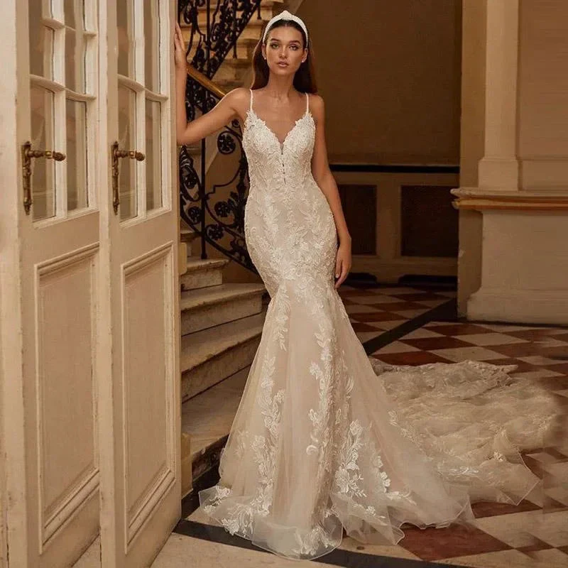 Sexy Spaghetti Straps Mermaid Vestidos De Novia Appliques Vestido De Noiva V-Neck Wedding Dresses Lace Robe De Mariée - Image 5