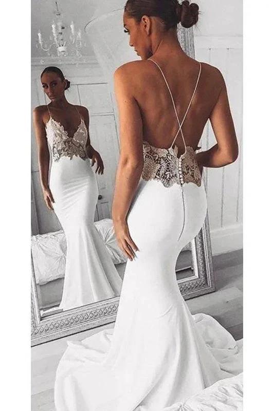 Sexy Spaghetti Straps Pretty Mermaid Long Beach Elegant Wedding Dresses with Lace - Image 2