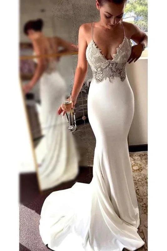 Sexy Spaghetti Straps Pretty Mermaid Long Beach Elegant Wedding Dresses with Lace - Image 3