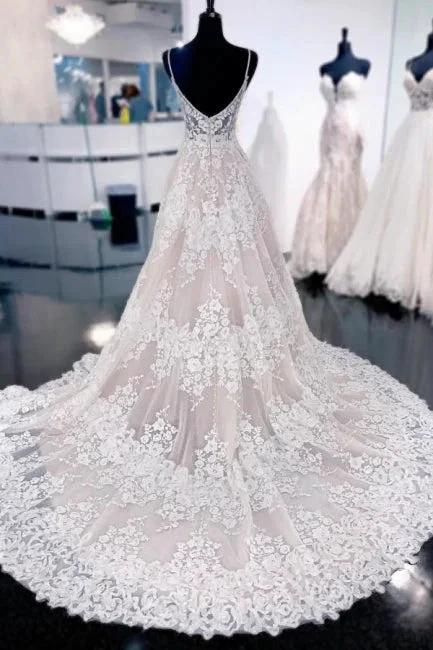 Sexy Spaghetti Straps Sleeveless A-Line Lace Backless Wedding Dresses With Train - Image 2