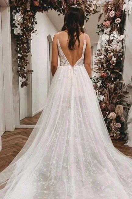 Sexy Spaghetti Straps Sleeveless A-Line Lace Wedding Dresses - Image 2