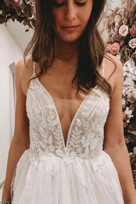 Sexy Spaghetti Straps Sleeveless A-Line Lace Wedding Dresses - Image 3