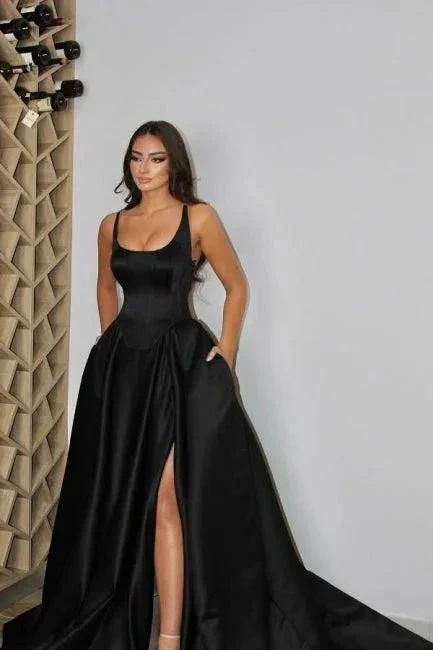 Sexy spaghetti straps sleeveless a-line satin evening dresses split front - Image 2