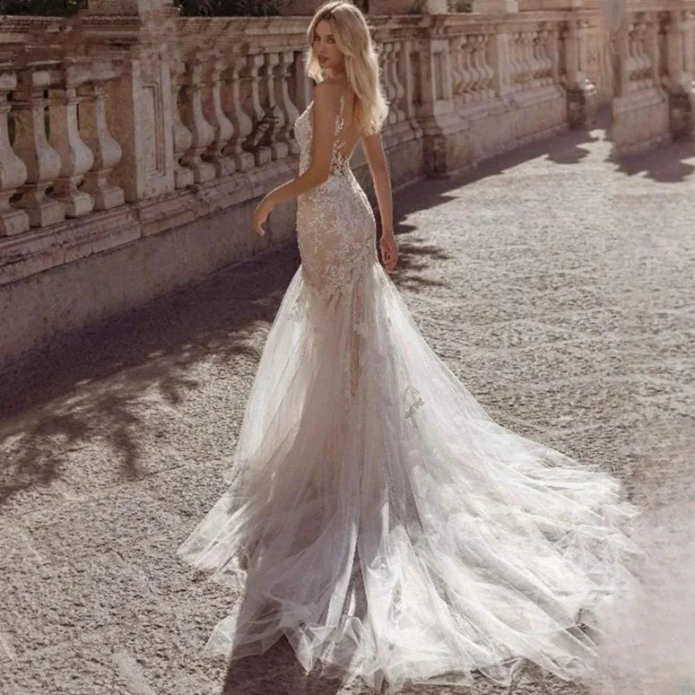 Sexy Spaghetti Straps Vestidos De Novia Lace V-Neck Mermaid Wedding Dresses Appliques Backless Vestido De Noiva - Image 2