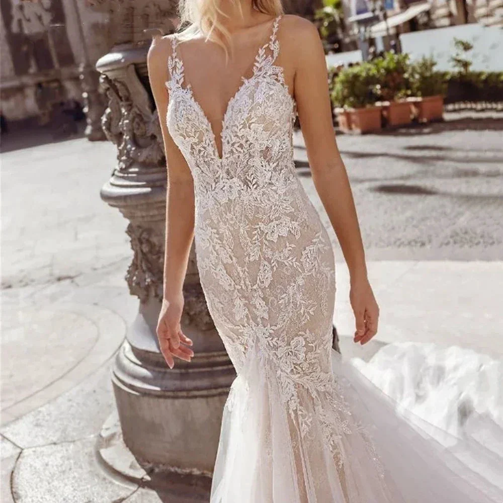 Sexy Spaghetti Straps Vestidos De Novia Lace V-Neck Mermaid Wedding Dresses Appliques Backless Vestido De Noiva - Image 3
