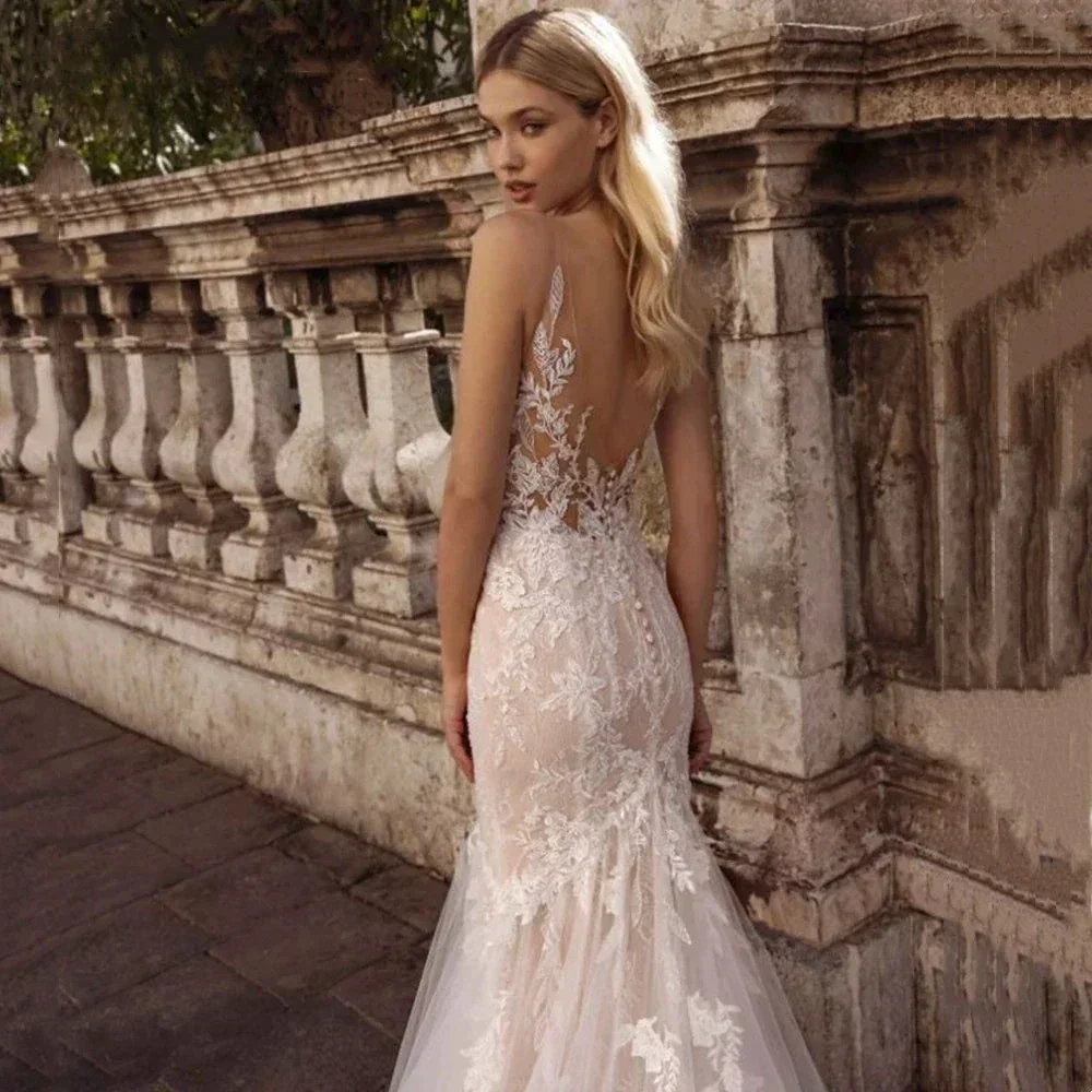 Sexy Spaghetti Straps Vestidos De Novia Lace V-Neck Mermaid Wedding Dresses Appliques Backless Vestido De Noiva - Image 4