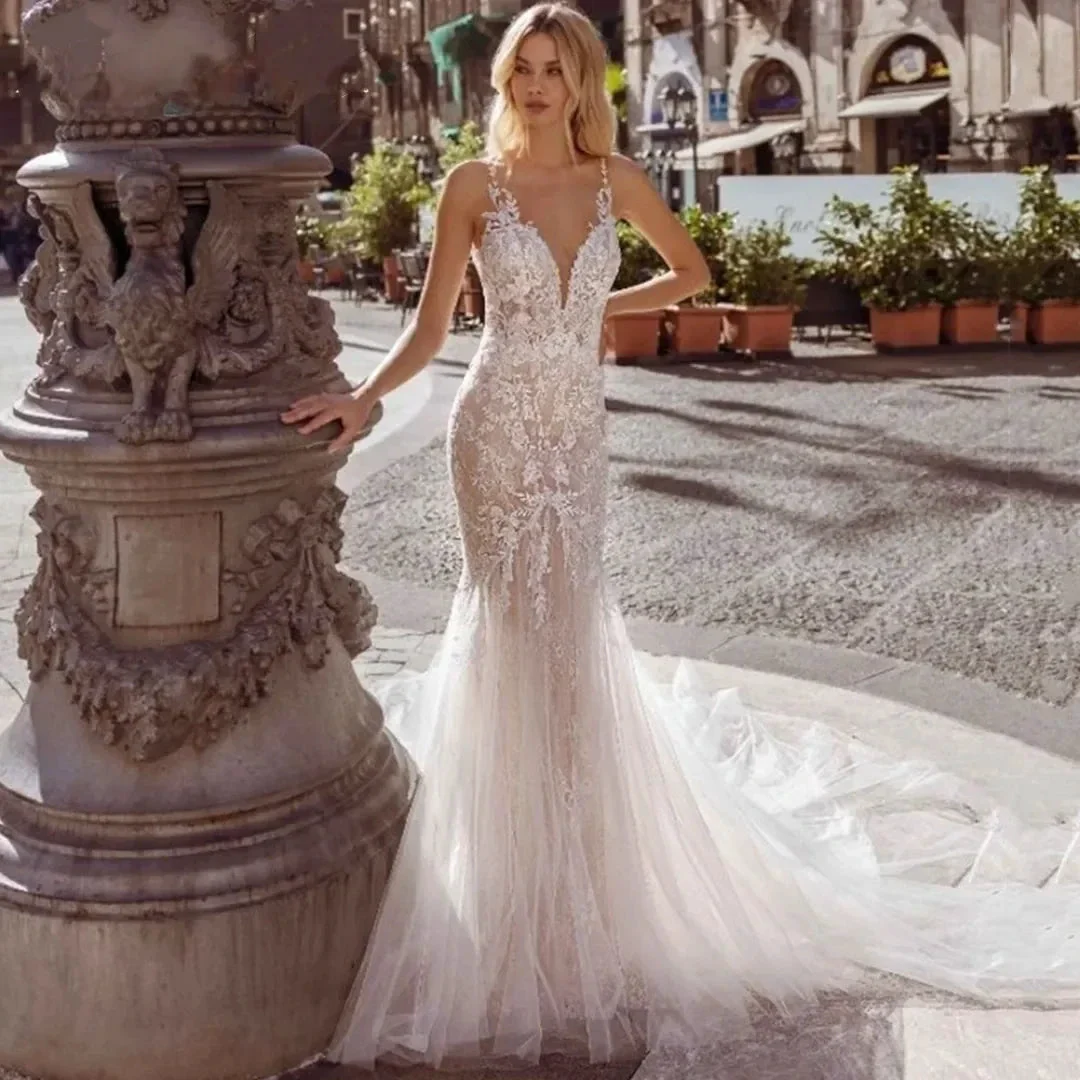 Sexy Spaghetti Straps Vestidos De Novia Lace V-Neck Mermaid Wedding Dresses Appliques Backless Vestido De Noiva - Image 5
