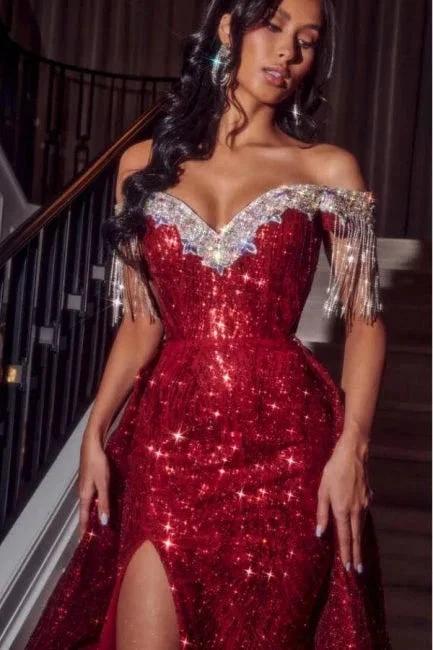 Sexy Sparkly Burgundy Off-the-shoulder Long Prom Dresses Royal Blue Evening Gowns - Image 2