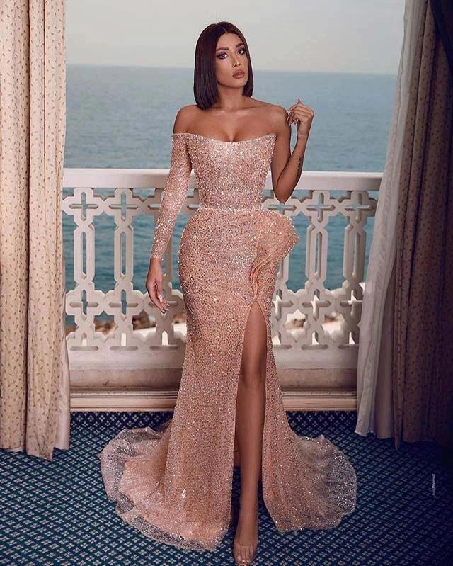Sexy Sparkly Champagne Rose One-shoulder Side-slit Mermaid Long Prom Dresses - Image 2