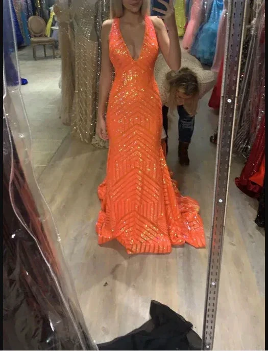 Sexy Sparkly Mermaid V Neck Sequins Long Prom Dresses, Orange Evening Dresses Y1397 - Image 2