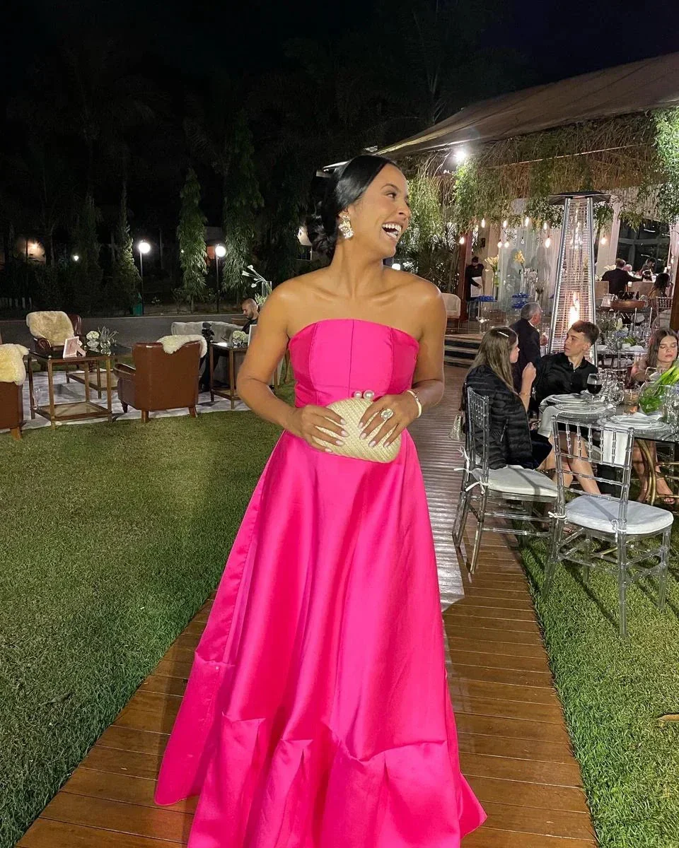 Sexy Strapless A-line Evening Dress Elegant Rose Pink Sleeveless Satin Prom Gown Y5147 - Image 2