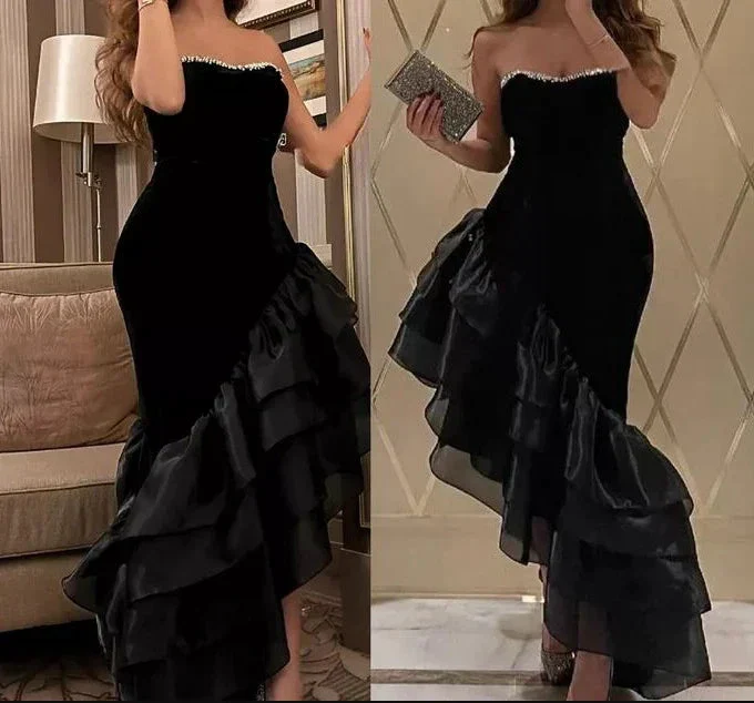 Sexy Strapless Black Mermaid Ruffles Evening Dress Formal Prom Dress Y7697