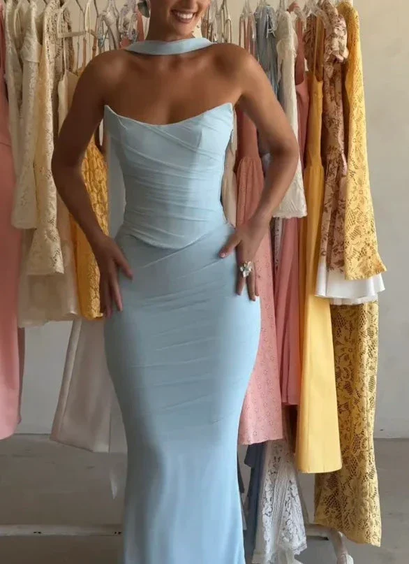 Sexy Strapless Blue Chiffon Prom Dress Mermaid Party Evening Gown Y8175 - Image 2