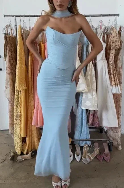 Sexy Strapless Blue Chiffon Prom Dress Mermaid Party Evening Gown Y8175 - Image 3