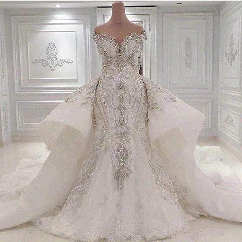 Sexy Strapless Crystals Mermaid Wedding Dresses with Overskirt Long Train - Image 2