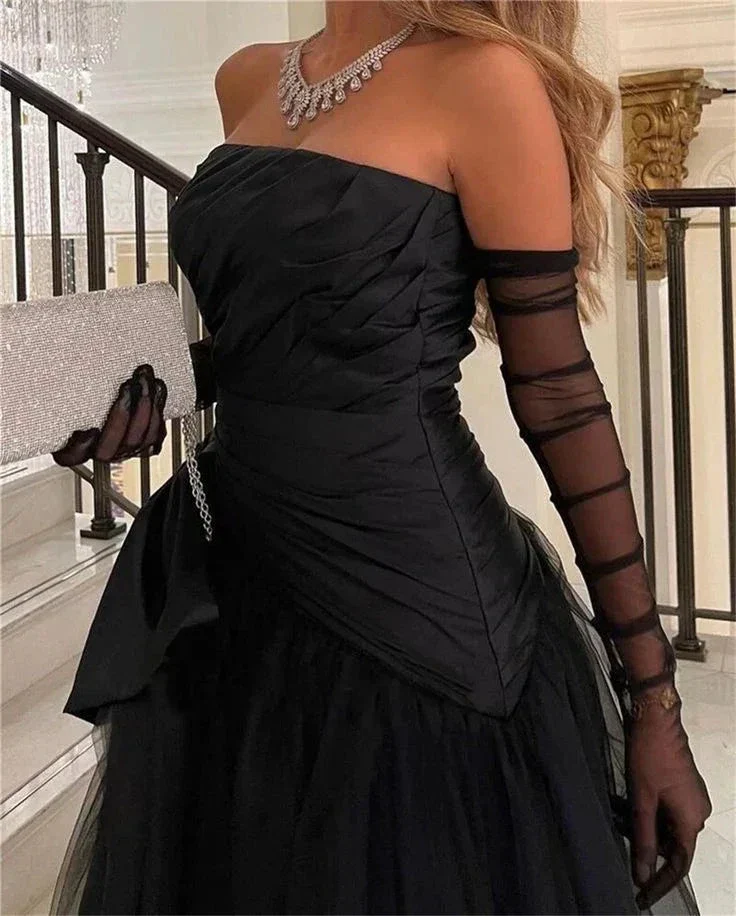 Sexy Strapless Puffy Tulle Prom Dress Black Evening Dress With Gloves Y7631 - Image 2