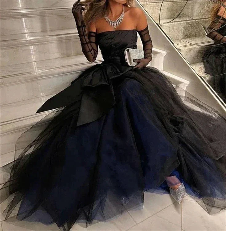 Sexy Strapless Puffy Tulle Prom Dress Black Evening Dress With Gloves Y7631 - Image 3