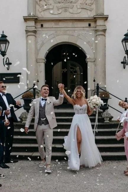 Sexy Strapless Sleeveless Column Floor-Length Tulle Wedding Dresses with Appliques - Image 3