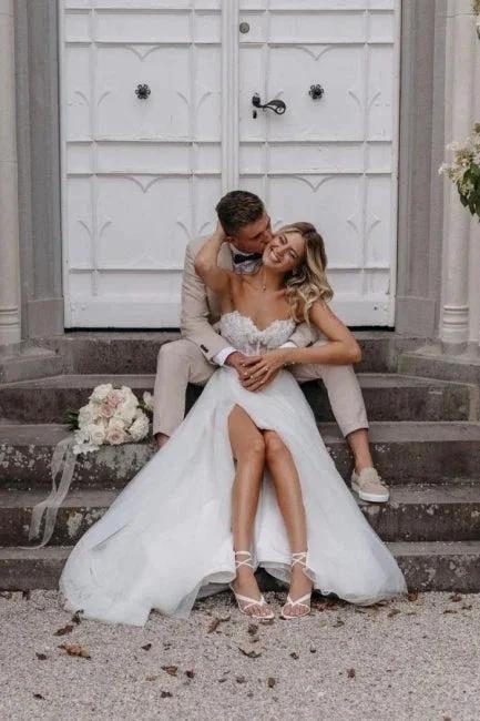 Sexy Strapless Sleeveless Column Floor-Length Tulle Wedding Dresses with Appliques - Image 4