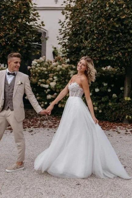 Sexy Strapless Sleeveless Column Floor-Length Tulle Wedding Dresses with Appliques - Image 5