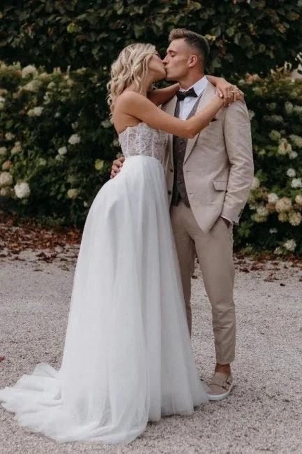 Sexy Strapless Sleeveless Column Floor-Length Tulle Wedding Dresses with Appliques - Image 6