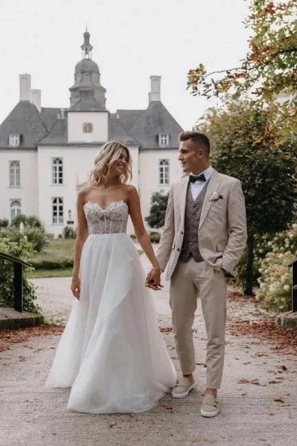 Sexy Strapless Sleeveless Column Floor-Length Tulle Wedding Dresses with Appliques - Image 7