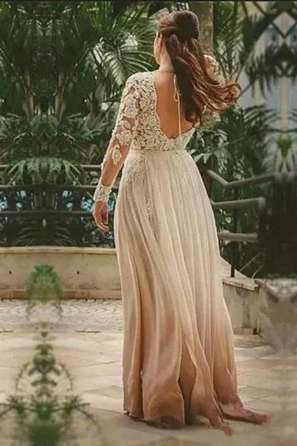 Sexy Sweetheart A-line Long Sleeves Backless Boho Chiffon Wedding Dresses - Image 2
