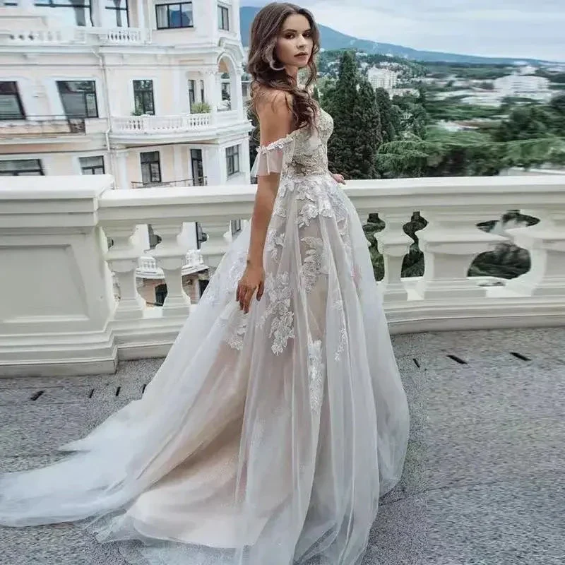 Sexy Sweetheart A Line Wedding Dresses Off Shoulder Champagne Liner Tulle Appliques Sleeveless Bridal Gowns Womens Formal 2023 - Image 3