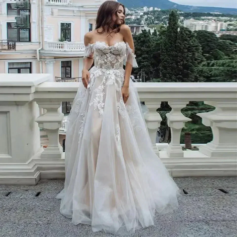 Sexy Sweetheart A Line Wedding Dresses Off Shoulder Champagne Liner Tulle Appliques Sleeveless Bridal Gowns Womens Formal 2023 - Image 4