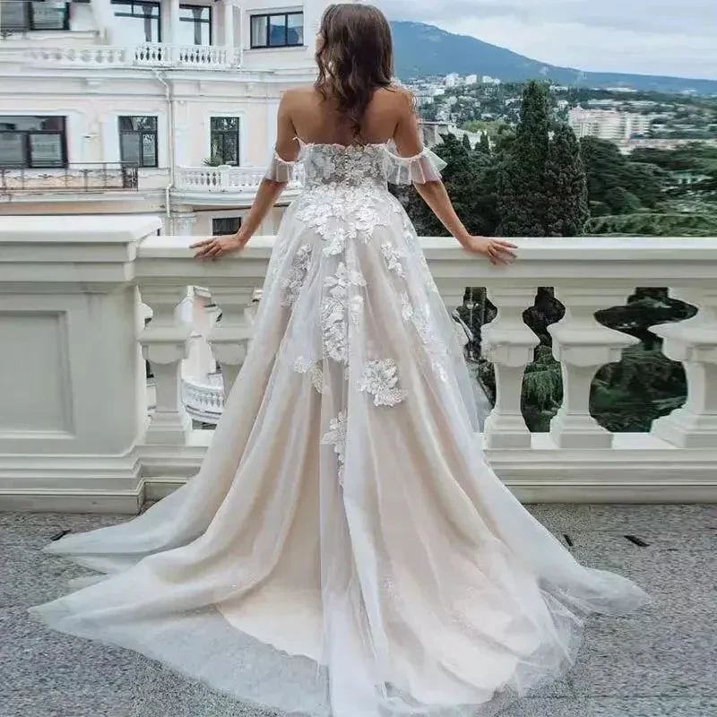 Sexy Sweetheart A Line Wedding Dresses Off Shoulder Champagne Liner Tulle Appliques Sleeveless Bridal Gowns Womens Formal 2023 - Image 5